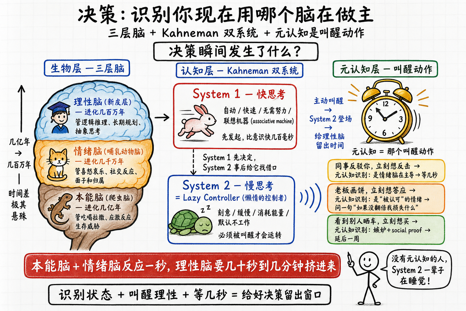 决策机制 — 三层脑 + Kahneman 双系统 + 元认知是叫醒动作
